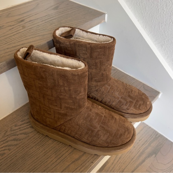 NWOB Fendi FF Logo Shearling-Lined Suede Ankle Boots in Tobacco - Picture 5 of 11